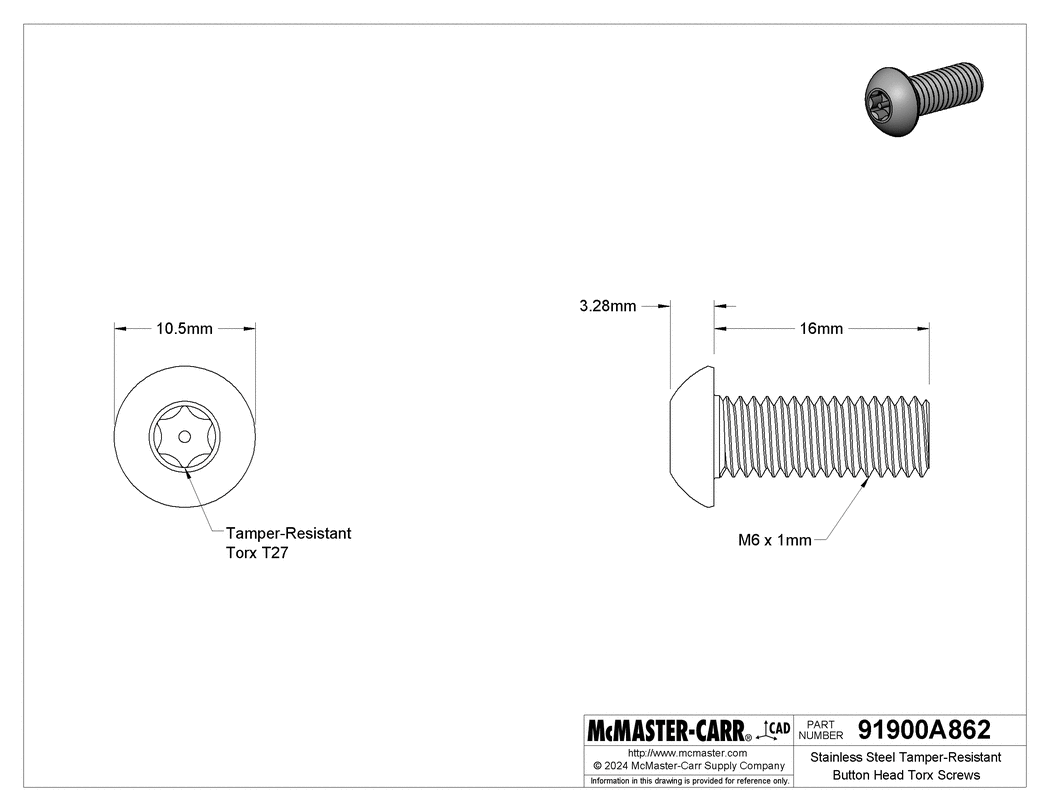 Technical Drawing of Stainless Steel Tamper-Resistant Button Head Torx Screws, M6 x 1.00mm Thread, 16mm Long.